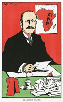 <b class=qtipBold><figcaption>Sir Alfred Milner</figcaption></b><br>Alfred Milner, 1st Viscount Milner (1854 - 1925). British statesman and colonial administrator. Key British Empire figure in the events leading up to and following the Boer War, including the development of the railways, as suggested by the map/poster behind his desk. The Boer war hostilities ceased in June 1899, only just prior to the publication of this illustration.<br><em>© Mary Evans Picture Library 2015 - https://copyrighthub.org/s0/hub1/creation/maryevans/MaryEvansPictureID/10413090</em> Sir Alfred Milner