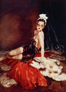 <b class=qtipBold><figcaption>The Siren by David Wright</figcaption></b><br>The Siren by David Wright, showing a woman clad in little more than underwear and stocking, with a head scarf round her head, posing on a carpet of furs. Wright produced a series of over 160 illustrations or 'pin-ups' for 'The Sketch' during the 1940's. David Wright's 'Lovelies' proved hugely popular and adorned practically every military mess, bunker, dormitory or club room in the country during World War II. This image is the first of the series Wright produced for The Sketch.<br><em>© Estate of David Wright/ILN/Mary Evans Picture Library</em> The Siren by David Wright
