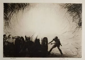 Drypoint Gallery: A Sixty-Five Pounder Opening Fire, by James McBey, WW1