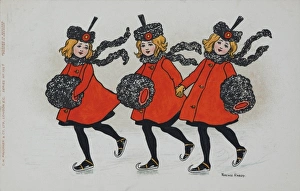 <b class=qtipBold><figcaption>Skating Girls by Florence Hardy</figcaption></b><br>Three little girls, dressed identically in red coats and carrying fur muffs with matching hats skate across a frozen pond.<br><em>© Mary Evans/Peter & Dawn Cope Collection</em> Skating Girls by Florence Hardy