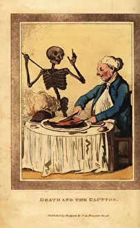 Skeleton of death aiming a dart at a corpulent man eating Skeleton of death aiming a dart at a corpulent man eating