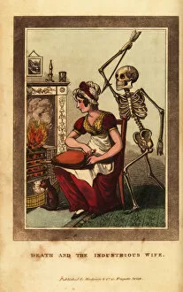 Tending Gallery: Skeleton of death aiming a dart at a woman tending a fire