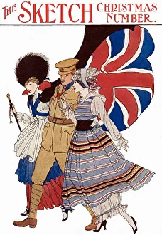 <b class=qtipBold><figcaption>Sketch Christmas</figcaption></b><br>Patriotic front cover illustration from the Sketch 1914 showing a British officer in khaki uniform accompanied by two fashionably dressed young women, one of whom has a Union Jack cloak billowing out behind her. Artist Archibald Wells.<br><em>© Mary Evans Picture Library 2015 - https://copyrighthub.org/s0/hub1/creation/maryevans/MaryEvansPictureID/10222559</em> Sketch Christmas