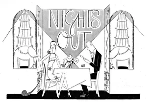 Sketch by Fish showing a couple on a Nights Out, 1926 at Cla Sketch by Fish showing a couple on a Nights Out, 1926 at Cla