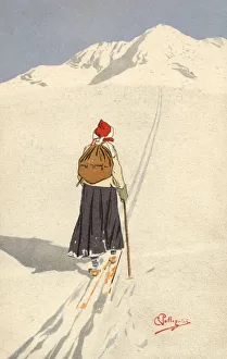 Skier with backpack following tracks - Switzerland - 1900s Skier with backpack following tracks - Switzerland - 1900s