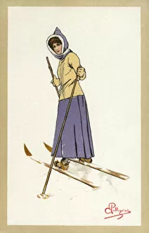 Skiing Gallery: Skier turning back - Switzerland - 1900s