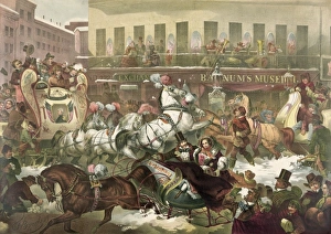 <b class=qtipBold><figcaption>Sleighing in New York</figcaption></b><br>Sleighing in New York. Print showing crowded street scene with many sleighs in front of Barnum's Museum, Broadway & Anne St., New York City, New York. Date 1855. Sleighing in New York. Print showing crowded street scene with many sleighs in front of Barnum's Museum, Broadway & Anne St., New York City, New York. Date 1855. Date:<br><em>© Mary Evans / Library of Congress</em> Sleighing in New York