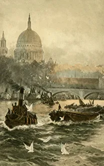 Pull Gallery: A small tugboat pulling a number of Thames River Barges
