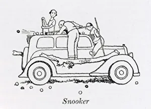 <b class=qtipBold><figcaption>Snooker car / W H Robinson</figcaption></b><br>Making good use of the cars flat roof surface for a game of snooker, accessed more easily by standing on a log straddling the wheel arches. Please note: Credit must appear as (c) Courtesy of the estate of Mrs J.C.Robinson/Pollinger Ltd/Mary Evans Picture Library<br><em>© Mary Evans Picture Library 2015 - https://copyrighthub.org/s0/hub1/creation/maryevans/MaryEvansPictureID/10412150</em> Snooker car / W H Robinson