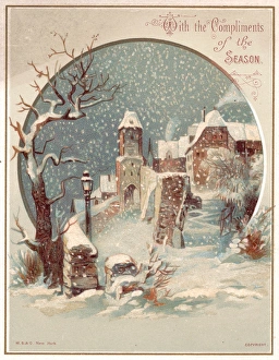 Snow scene with buildings on a Christmas card Snow scene with buildings on a Christmas card