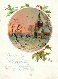 Snow scene with church and holly on a Christmas card Snow scene with church and holly on a Christmas card