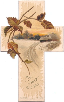 Snow scene on a cross-shaped Christmas card Snow scene on a cross-shaped Christmas card