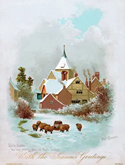 Snow scene with sheep on a Christmas card Snow scene with sheep on a Christmas card