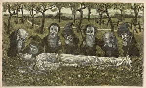 <b class=qtipBold><figcaption>Snow White Found</figcaption></b><br>Schneewitchen (Snow White, or Little Snowdrop) is found by the dwarfs. She is not at all well, so they take her back to their cottage. (Story from Grimm)<br><em>© Mary Evans Picture Library</em> Snow White Found