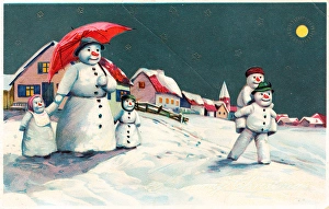 Snow woman and children on a Christmas postcard Snow woman and children on a Christmas postcard