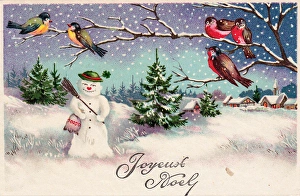 Snowman with birds on a French Christmas postcard Snowman with birds on a French Christmas postcard