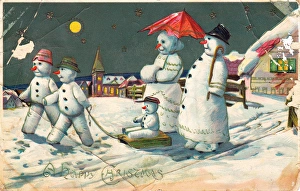 Snowman and family on a Christmas postcard Snowman and family on a Christmas postcard