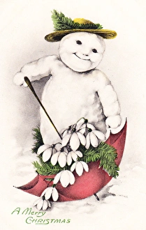 Snowman with umbrella on a Christmas postcard Snowman with umbrella on a Christmas postcard