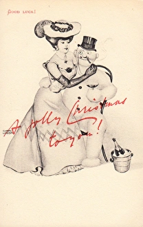 Snowman and woman on a Christmas postcard Snowman and woman on a Christmas postcard