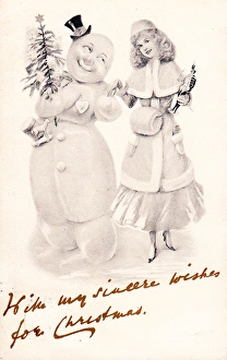 Snowman and young woman on a Christmas postcard Snowman and young woman on a Christmas postcard