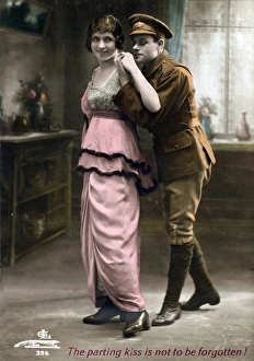 Soldier standing behind a young lady - Postcard Soldier standing behind a young lady - Postcard