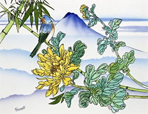 <b class=qtipBold><figcaption>Songbird and Mount Fuji</figcaption></b><br>A colourful songbird perched amid the bamboo blossoms in this fantasy Japanese landscape painting by Malcolm Greensmith. The distinctive peak of Mount Fuji dominates the horizon.<br><em>© Mary Evans/Malcolm Greensmith</em> Songbird and Mount Fuji