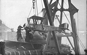 Sopwith Pup N6444 being winched aboard HMS Manxman Sopwith Pup N6444 being winched aboard HMS Manxman