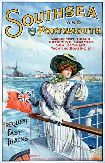 <b class=qtipBold><figcaption>Southsea travel poster</figcaption></b><br>Southsea and Portsmouth travel poster showing a woman wearing a big hat on a boat 1905 Date: 1905<br><em>© Mary Evans / National Archives</em> Southsea travel poster