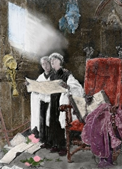Spain. Altar server singing. Essay. Engraving, 1886. Colored Spain. Altar server singing. Essay. Engraving, 1886. Colored