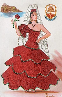 Spanish lady in red dress on greetings card, Gibraltar Spanish lady in red dress on greetings card, Gibraltar