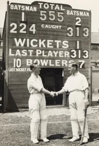 Prints of Herbert Sutcliffe and Percy Holmes score a record opening partnership of 555 Yorkshire Prints: 1932 Cricket Print: Sutcliffe and Holmes Record Opening Partnership