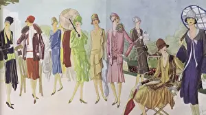 Prints of Spring 1927 Paris Fashions with models from (LtoR Tollman, Amy Linker and Ballard et Cie, Jean Patou, Cheruit, Premet, London Trades, Amy Linker and Ballard et Cie and Alice Bernard Date: 1927 Fashion Prints: Spring 1927 Paris Fashions Print