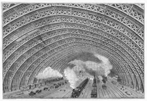 <b class=qtipBold><figcaption>St Pancras Interior</figcaption></b><br>The interior of the station, showing the magnificent canopy dwarfing the trains beneath.<br><em>© Mary Evans Picture Library</em> St Pancras Interior