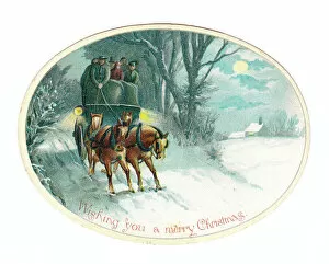 Retro Gallery: Stagecoach and horses on an oval Christmas card