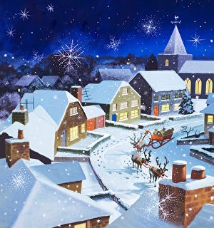 Sleigh Gallery: Starry village with snow and Christmas sleigh