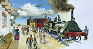 Steam train arriving at a station at the beginning Steam train arriving at a station at the beginning