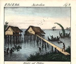 Stilt houses on Rawak Island and outrigger canoes Stilt houses on Rawak Island and outrigger canoes