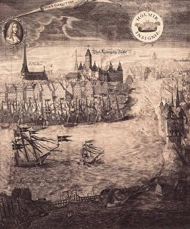 Stockholm in 17th c., with a portrait of Queen Stockholm in 17th c., with a portrait of Queen