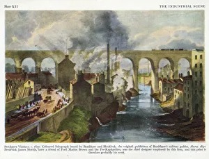 <b class=qtipBold><figcaption>Stockport Viaduct</figcaption></b><br>Stockport Viaduct circa 1850. Coloured lithograph issued by Bradshaw and Blacklock, the original publishers of Bradshaw's railway guides Date: circa 1850<br><em>© The Institution of Mechanical Engineers/Mary Evans</em> Stockport Viaduct