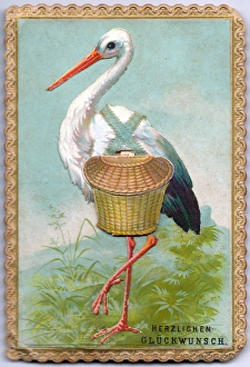 Stork with basket on an audible good luck card Stork with basket on an audible good luck card