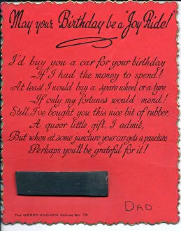 Mending Gallery: Strip of rubber with comic verse on a birthday card