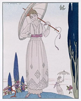 <b class=qtipBold><figcaption>Summer Frock/Doeuillet</figcaption></b><br>Summer tunic dress: 'V'-neck & fold-over collar, a gauged yoke to the gathered over- skirt, scalloped hems, a sash with floating ends & shoes with 3 bars over the instep.<br><em>© Mary Evans Picture Library</em> Summer Frock/Doeuillet