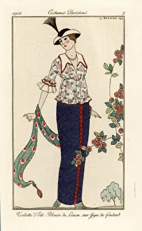 Summer outfit with floral linen blouse and foulard skirt Summer outfit with floral linen blouse and foulard skirt