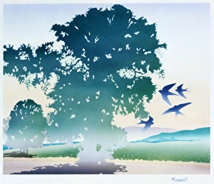 <b class=qtipBold><figcaption>Swallows in a fantasy landscape</figcaption></b><br>Four Swallows in silhouette and a misty fantasy landscape, evoking aspects of the Engish Countryside. Airbrush painting by Malcolm Greensmith<br><em>© Mary Evans/Malcolm Greensmith</em> Swallows in a fantasy landscape