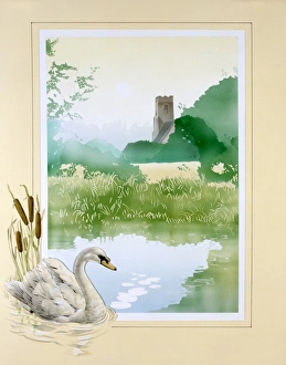 <b class=qtipBold><figcaption>Swan and a village pond</figcaption></b><br>A painting of a swan by Malcolm Greensmith is set into the border framing an English country village pond in the bright spring light.<br><em>© Mary Evans/Malcolm Greensmith</em> Swan and a village pond