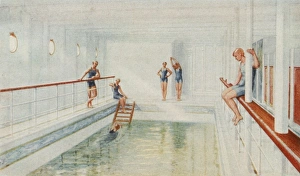 <b class=qtipBold><figcaption>Swimming Bath Titanic</figcaption></b><br>The swimming bath of the ill- fated passenger liner RMS Titanic depicting bathers enjoying the exercise.<br><em>© Mary Evans Picture Library/ONSLOW AUCTIONS LIMITED</em> Swimming Bath Titanic