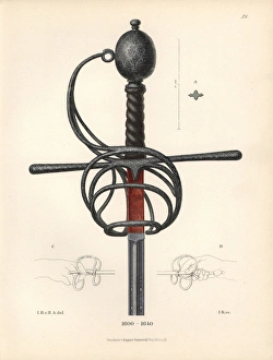 Sword hilt with knob and hook in iron and silver Sword hilt with knob and hook in iron and silver