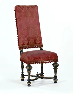 <b class=qtipBold><figcaption>Chair</figcaption></b><br>One of four tall-back chairs with ebonised and gilded wood frames, possibly made from oak and beech, with later red silk brocade upholstery, made in England or continental Europe c.1700. Date: c.1700<br><em>© The Geffrye Museum of the Home / Mary Evans Picture Library</em> Chair