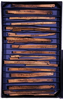 <b class=qtipBold><figcaption>Tally sticks</figcaption></b><br>Exchequer, Thirteenth Century tally Sticks Date: 13th century<br><em>© Mary Evans / National Archives</em> Tally sticks