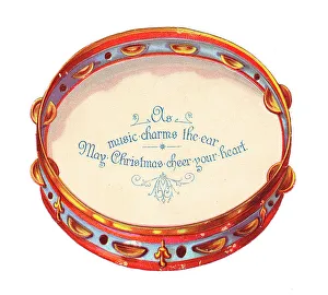 <b class=qtipBold><figcaption>Tambourine-shaped Christmas card</figcaption></b><br>Tambourine-shaped Christmas card. Date: circa 1890s<br><em>© The David Pearson Collection/Mary Evans Picture Library</em> Tambourine-shaped Christmas card